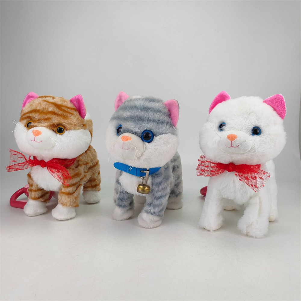 跨境牵绳小猫玩具电动毛绒玩具仿真猫咪会唱歌走路摇尾巴喵喵叫