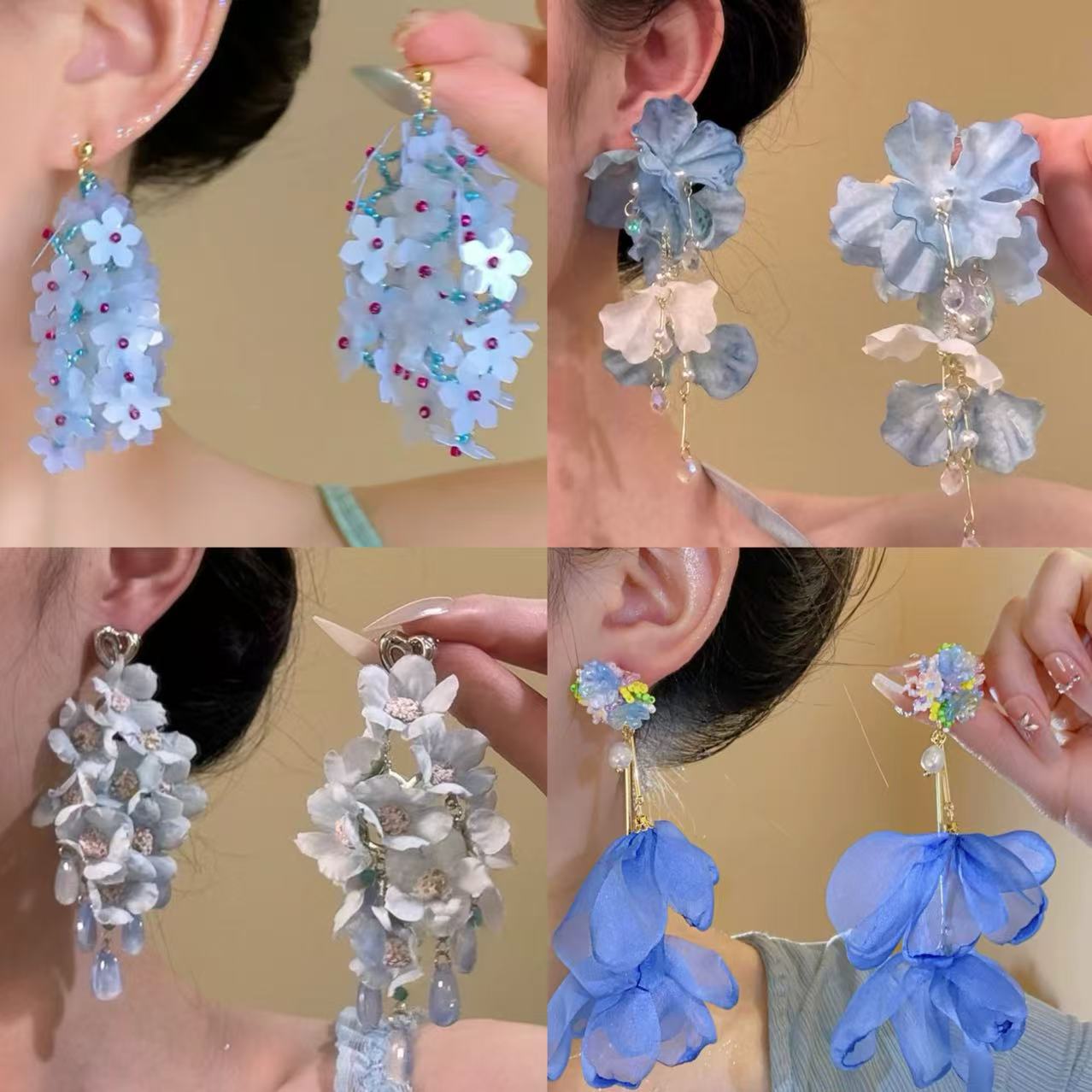 Pendientes de borla de cuentas de arroz de flor de gasa de aguja de plata Pendientes de todo fósforo de estilo de vacaciones Pendientes frescos y dulces para mujer