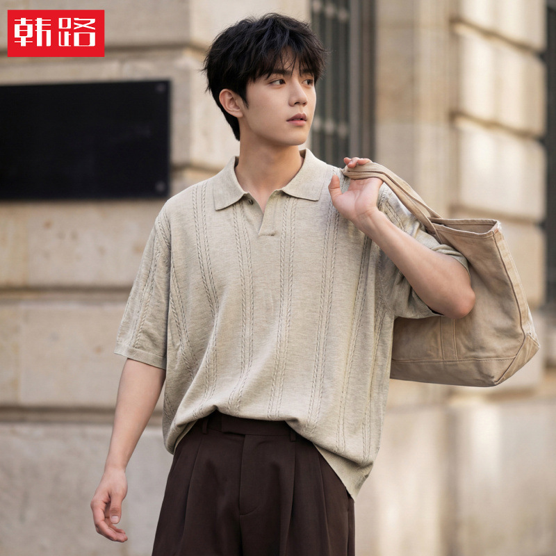 Old Money Style Textured Twist-Knit Short-Sleeve T-Shirt for Men, Summer Solid Color Polo Shirt, Retro Casual Top