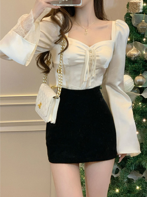 Elegant square collar satin horn sleeve stitching lace long sleeve shirt Women's 2023 new slim-fit short sexy top