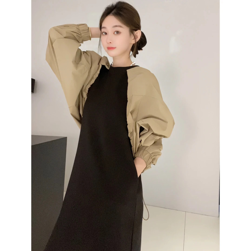 60213#秋款法式撞色宽松连衣裙显瘦小众设计感假两件连衣裙裙子|undefined
