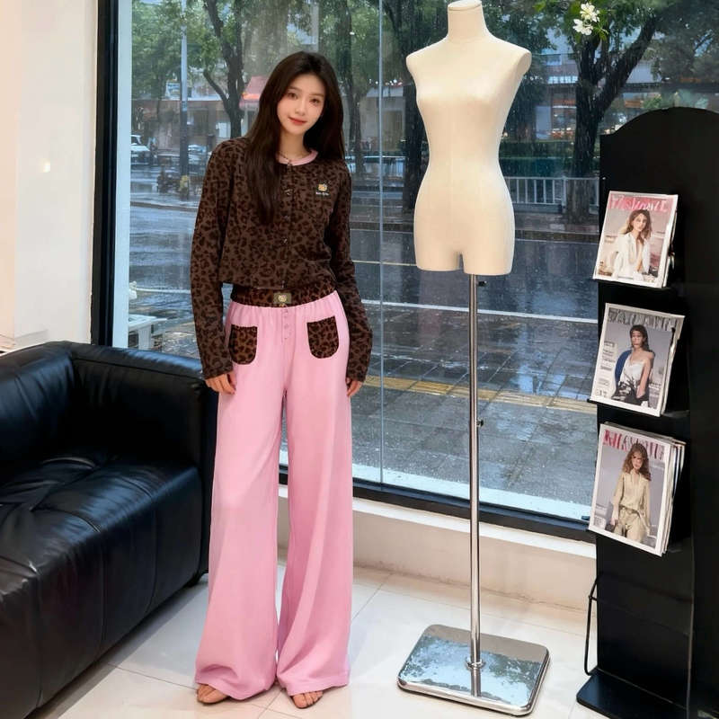 Leopard Print Knitted Cotton Kt Series Pajamas for Women, Cute Camisole Top, Long Pants, Cardigan, Pure Cotton Embroidered Loungewear Set