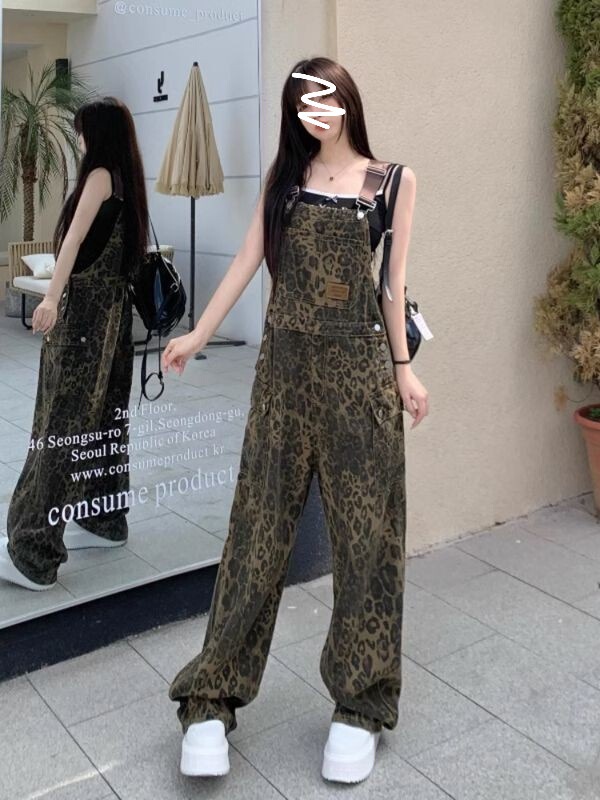 アメリカンレトロ2024早秋ゆるい高街豹紋デニムバックパンツ女性デザイン感小衆直筒長ズボン|undefined