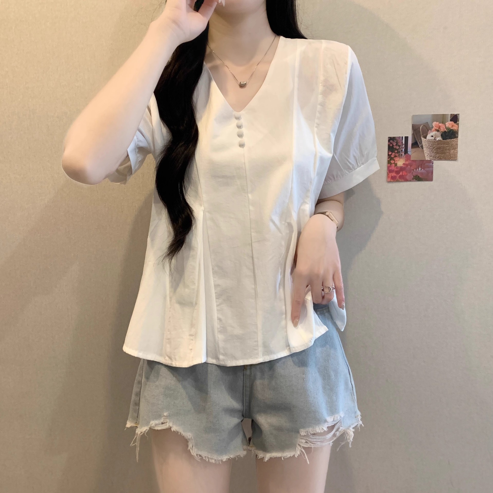 Áo sơ mi nữ cỡ lớn tay ngắn màu xanh lam dáng suông che khuyết điểm — Màu xanh lam chi tiết 18