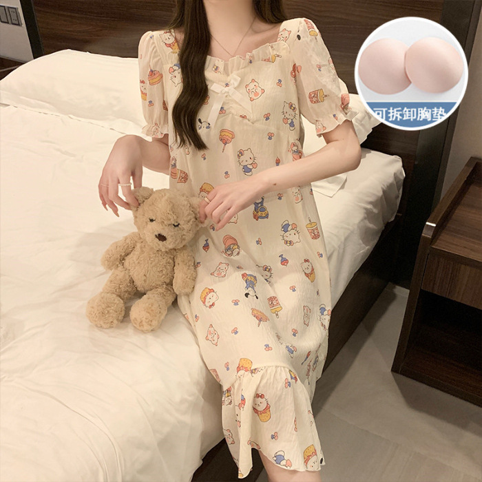 HelloKitty nubes de algodón con cojín de pecho pijama de verano de mujeres pijamas de mangas cortas lindos 2025 nueva ropa para el hogar