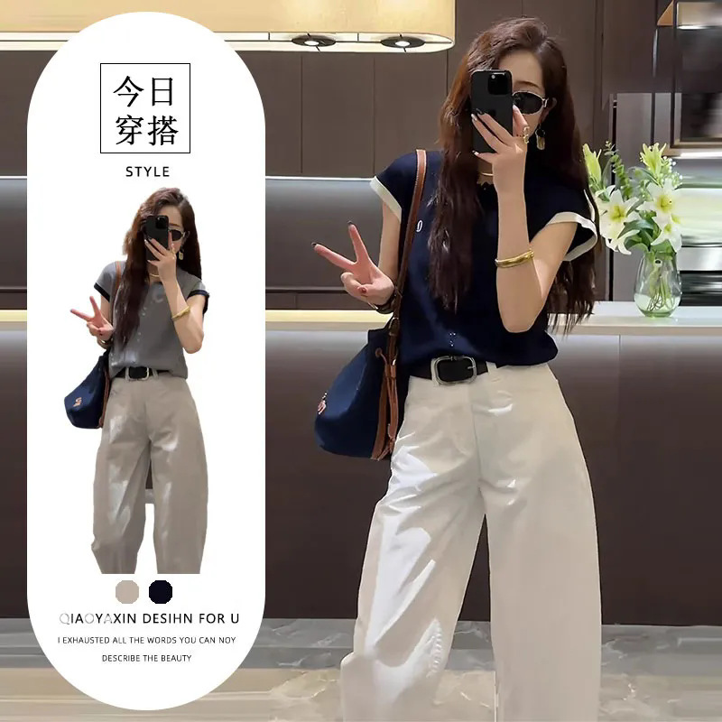 夏服セット2025新型爆金洋気ニット半袖tシャツ九分カジュアルパンツ気質セット|undefined