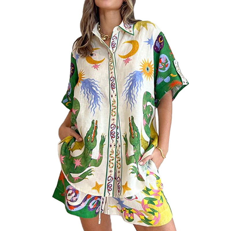 2026 New Spring Women's Clothing European American Fashion Outfit Loose Printed Short-Sleeve Cardigan And Shorts Set_ecoleips.com