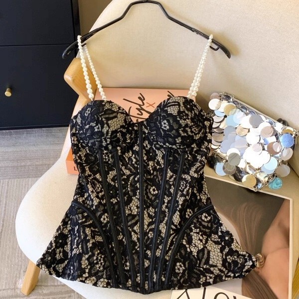 Pearl Lace Knit Fishbone Camisole Top for Women, Summer Sexy Lingerie, Anti-Exposure Tube Top