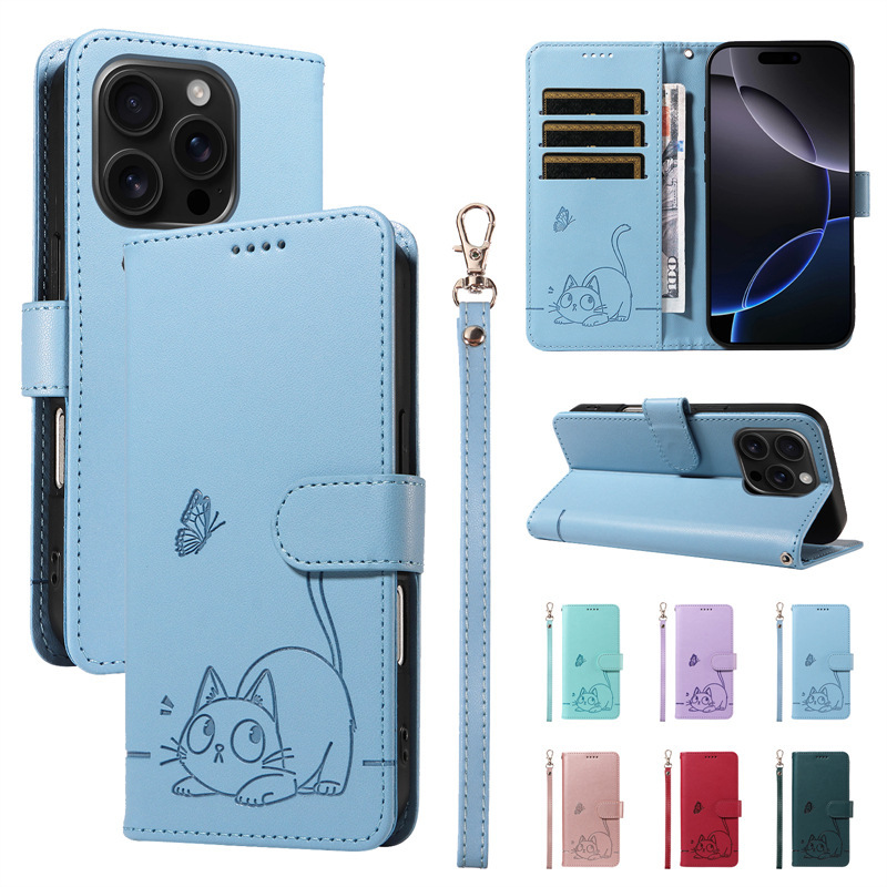 Cute Cat Butterfly Leather Case Suitable for Apple 17Promax16E15Plus Card-Inserting Protective Case 141312Se3