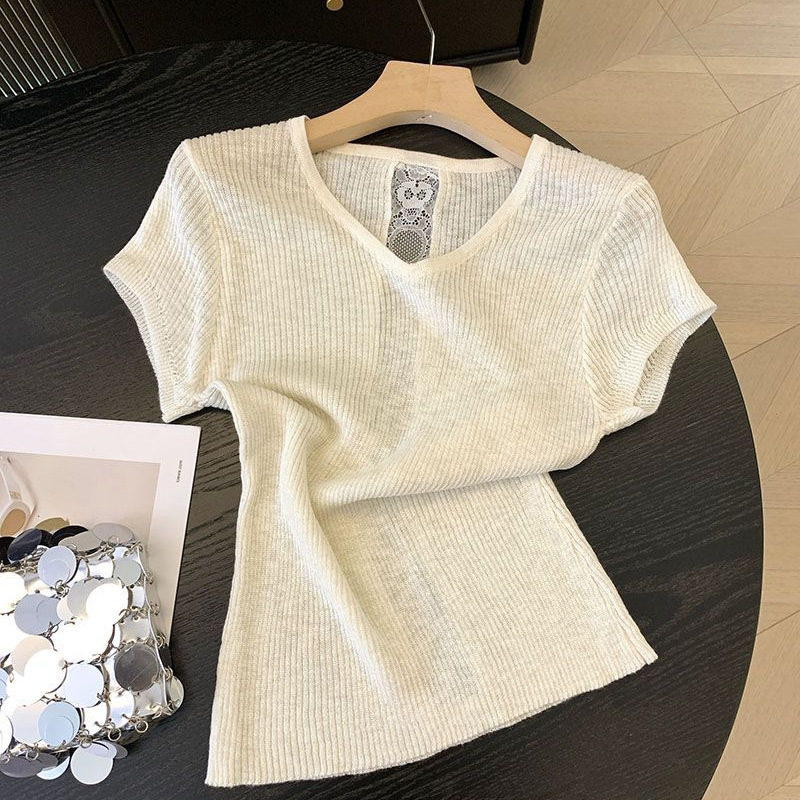 Sweet Sexy Lace Cut Out Short-Sleeved T-Shirt Women's Summer Thin Ice Silk Knitwear French Pure Desire V-Neck Right Shoulder Top Sweet Sexy Lace Cut Out Short-Sleeved T-Shirt Women's Summer Thin Ice Silk Knitwear French Pure Desire V-Neck Right Shoulder Top