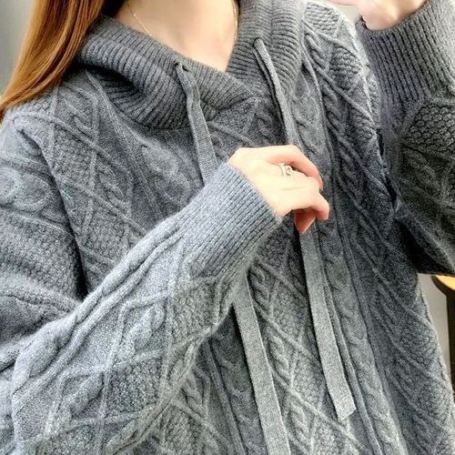 New hooded thickened knitwear women's twist sweater autumn and winter warm loose slimming inner wear outer lazy sweatshirt