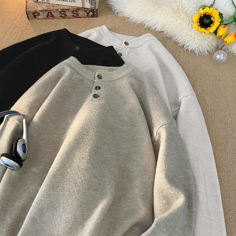 Cleanfit Henley Knit Sweater – Heavyweight Relaxed Pullover With Ribbed Hem_voghion.com