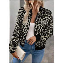 欧美跨境豹纹纹外套女夏装开衫夹克长袖百搭短款棒球服