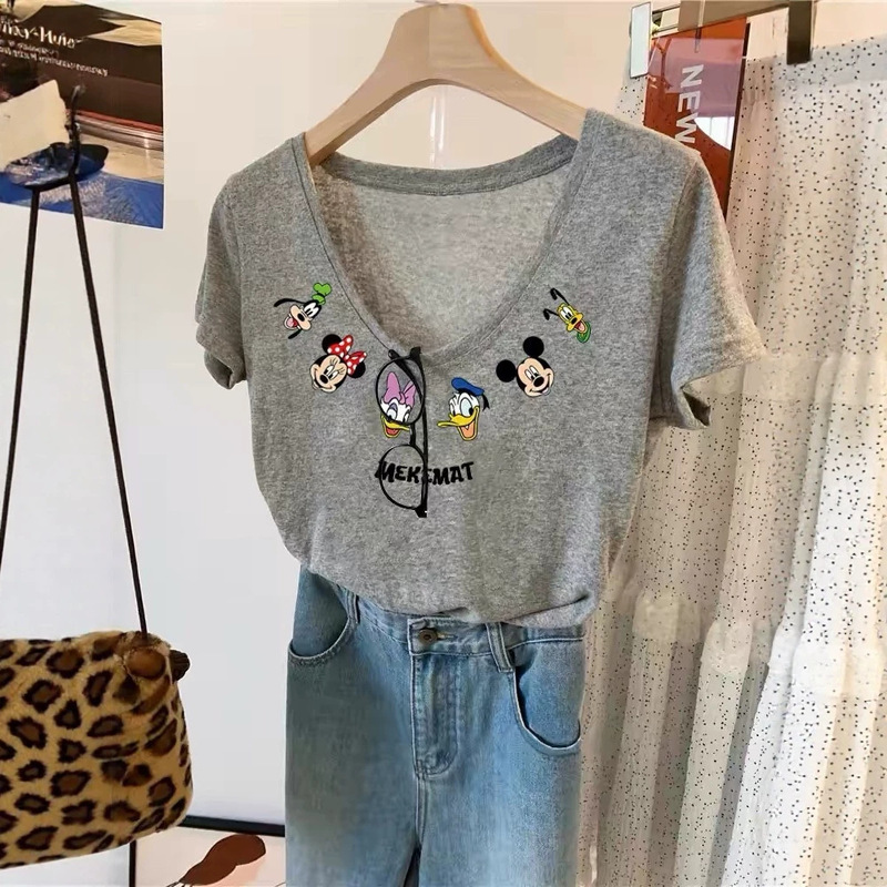 Cross-Border Wholesale Plus Size 120kg Large V-Neck Lightweight Short-Sleeve T-Shirt Women's Summer Top Loose Print Ins Style