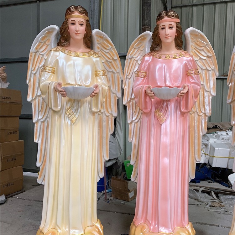 Estatua de Ángel con Pila Bautismal 160cm de Resina Pintado para Iglesia y Hogar