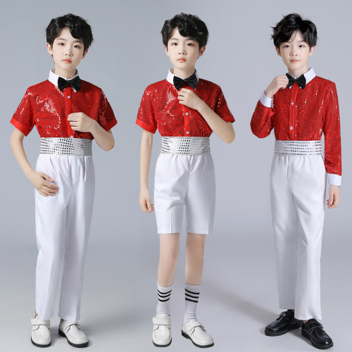 Children boys red blue sequins jazz dance costumes boy suspenders school choir chorus piano recite stage performance outfits for children