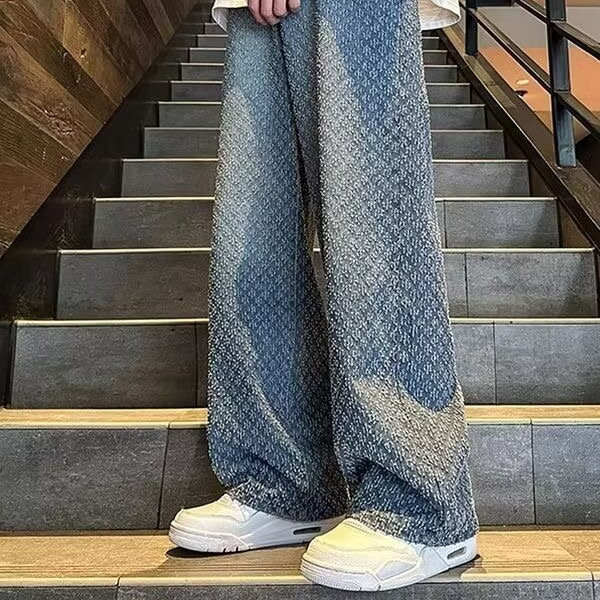 Hm Jacquard Washed Jeans Men's Spring and Autum 2025 New American Large Size Casual Pants Trendyy Long Pants for Men