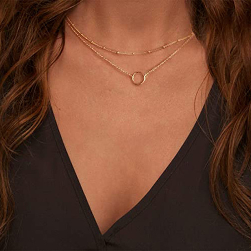European and American cross-border wholesale jewelry simple ring double-layer necklace copper bead chain clavicle chain gold circle pendant necklace