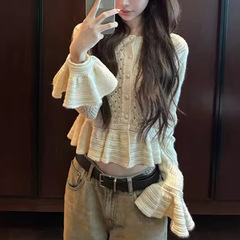 MENGXIANG ▏私服 镂空钩花荷叶边羊驼毛针织开衫圆领长袖女装秋