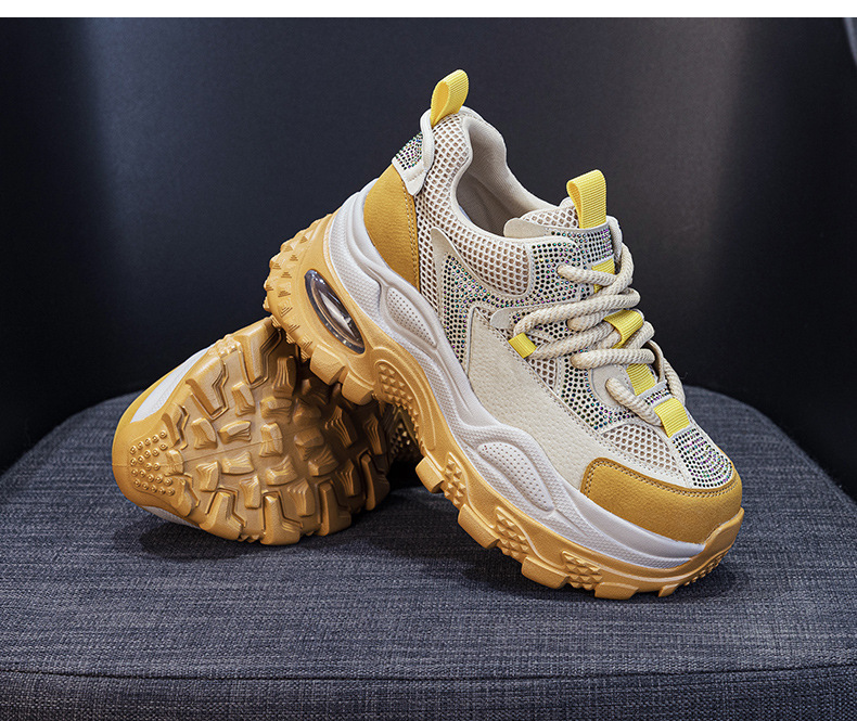 Giày sneaker nữ chunky đế dày phong cách retro, tăng chiều cao, đính đá lấp lánh — M2911 vàng, M2911 be, M2911 đỏ, M2911 xanh lá chi tiết 36