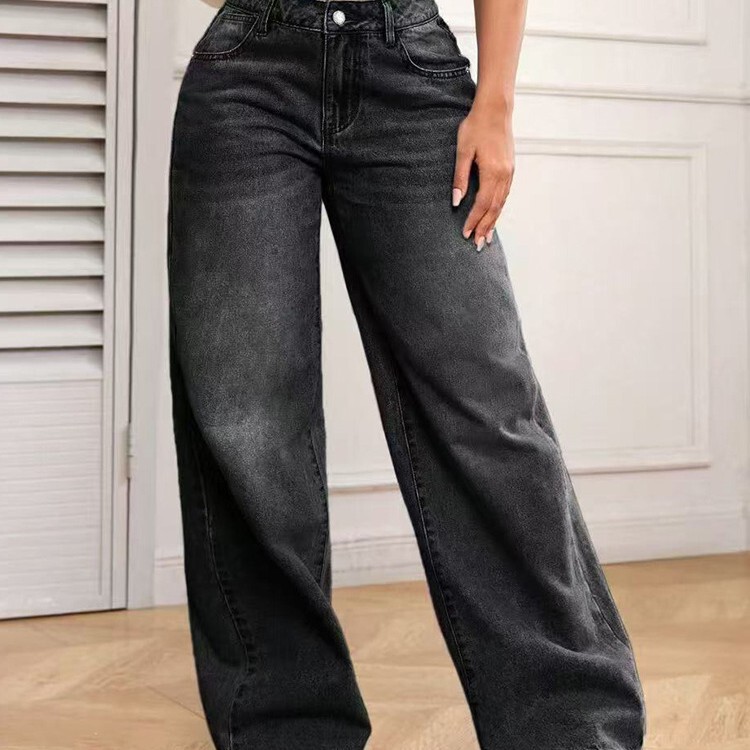 European and American Style High-Waisted Straight-Leg Denim Pants for Women, Washed Light-Colored Simple Style Pants Wholesale