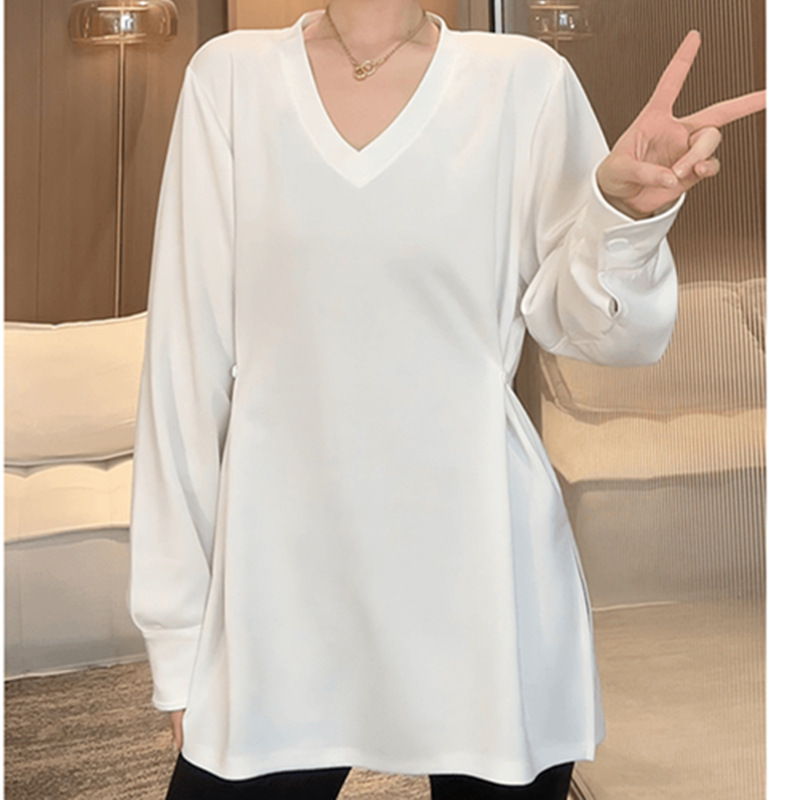 Double Yarn Pure Cotton Large Size White Stylish Long-Sleeved V-Neck T-Shirt for Spring and Autumn, Loose Fit, Waist-Cinching, Slimming, Mid-Length Casual Top