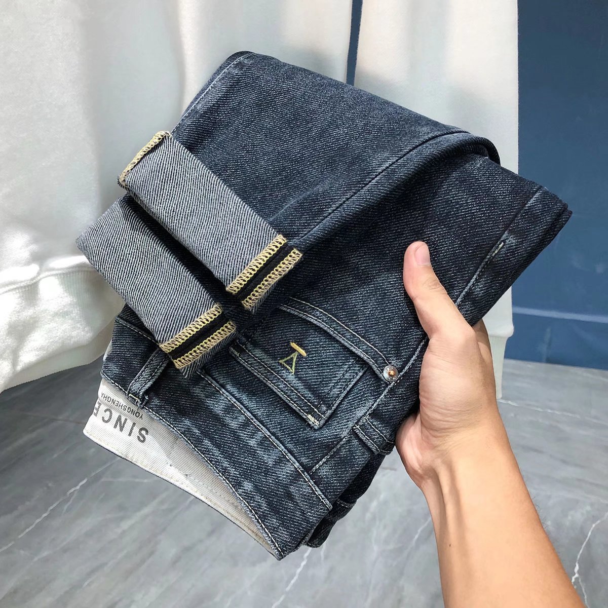 2024 Spring and Summer New Small Foot High end Jeans Men's Brand Korean Edition Trendy Design Pants_voghion.com