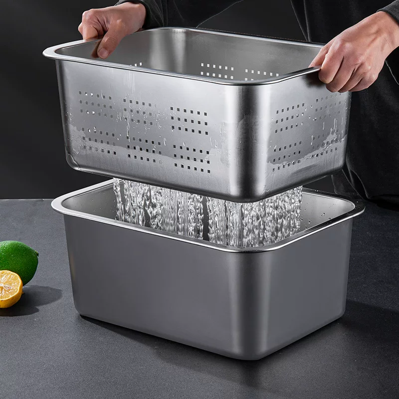 Посудная grade thickened and deepening stainless steel rectangular leakage disk with holes and covered vegetables, drying water, draining basin punching filter basin