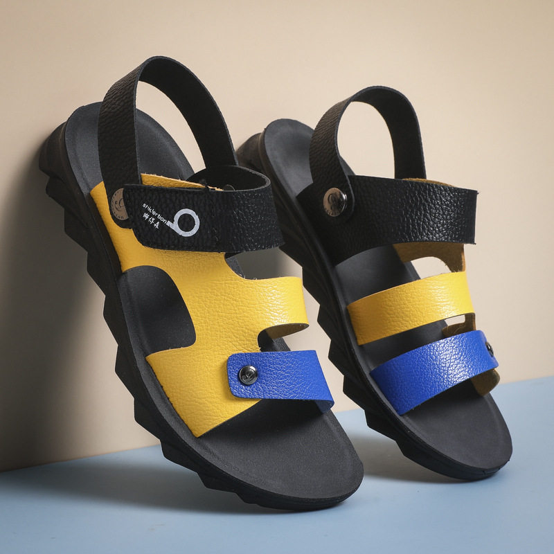 Dép sandal trẻ em mùa hè đế mềm thoải mái cho bé trai, dép đi biển chất liệu da siêu sợi, kiểu mũi tròn — Hắc Bảo Lan, Đen trắng, Đen vàng
