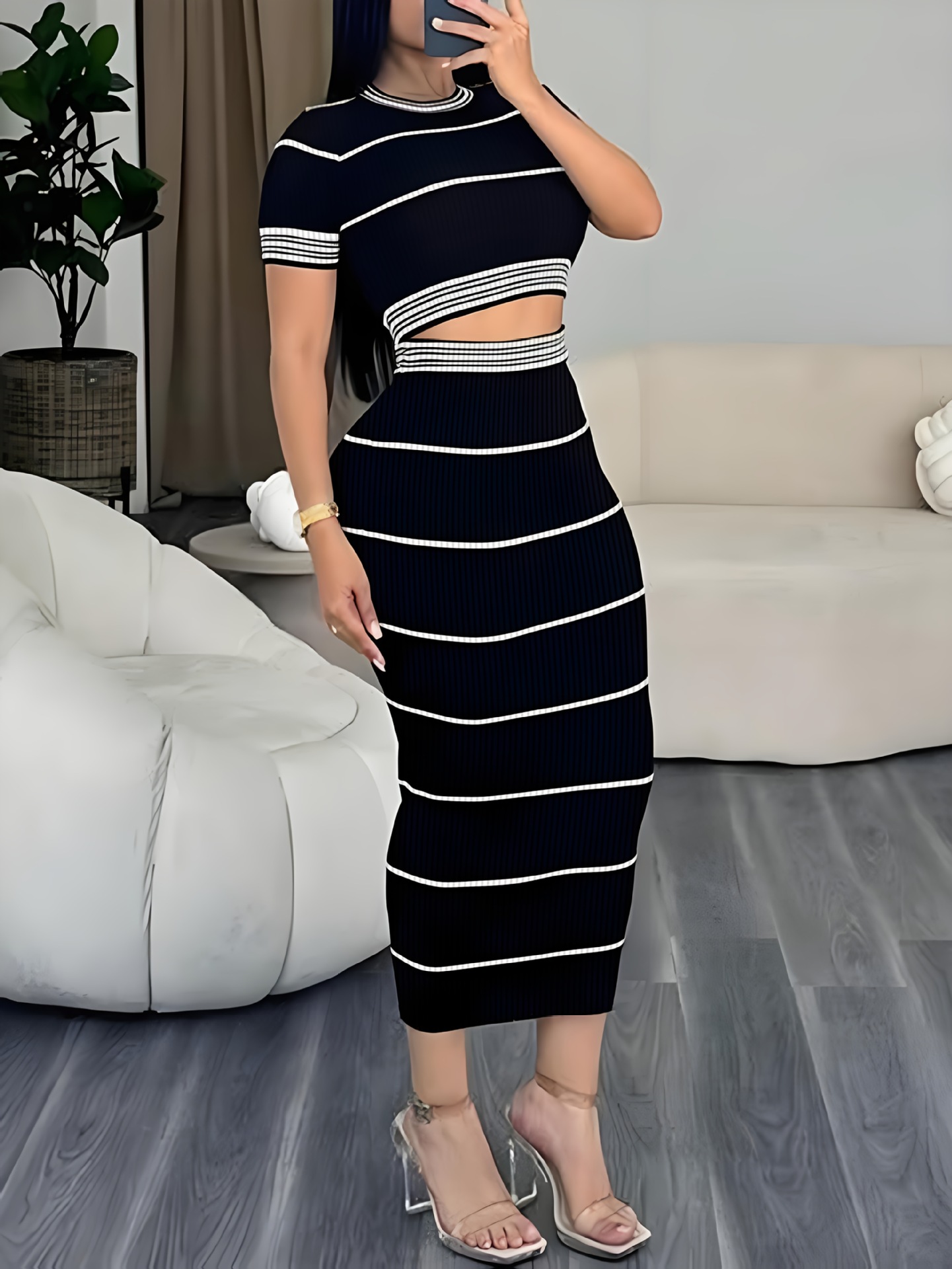 Women's Elegant Retro Short Ribbed Bodycon Skirt Set High End Sexy Short Sleeved Top Bottom Ensemble For Summer_ecoleips.com