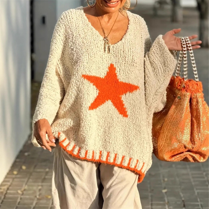 Autumn and Winter Amazon Cross-Border Autumn and Winter Contrasting Color Plus Size Women's V-Neck Star Plus Size Women's Pullover Knitted Sweater
