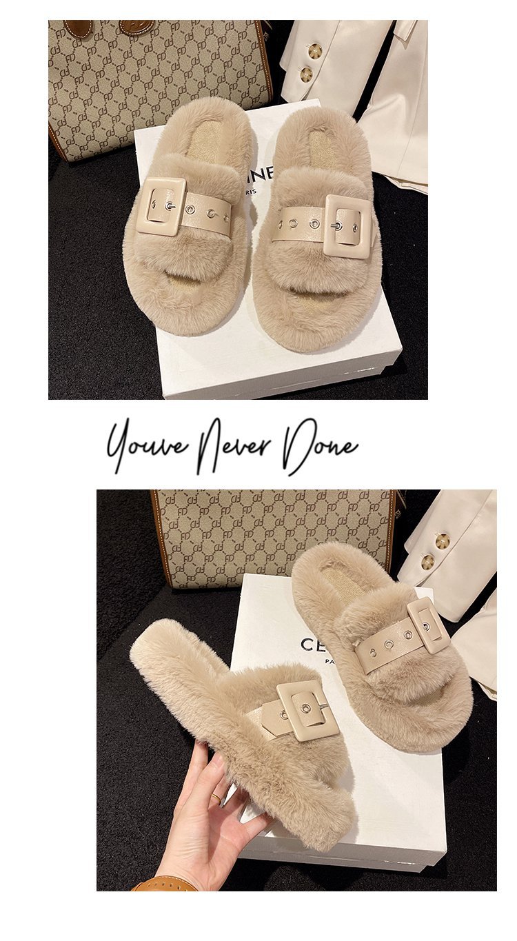 Pelzige Hausschuhe für Damenoberbekleidung, schwangere Frauen, große Hausschuhe mit dicken Sohlen, Gürtelschnalle, Plüsch, Ein-Wort-Baumwollhausschuhe_voghion.com