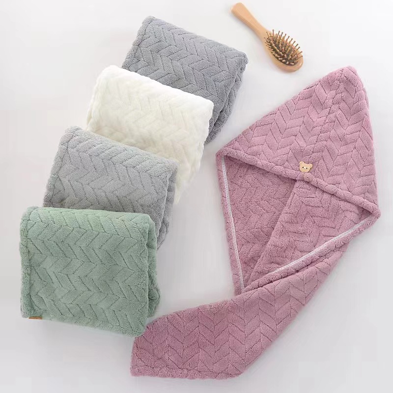 麦穗珊瑚绒速干吸水干发巾窝边加厚条纹浴帽阳离子宽条可爱干发帽