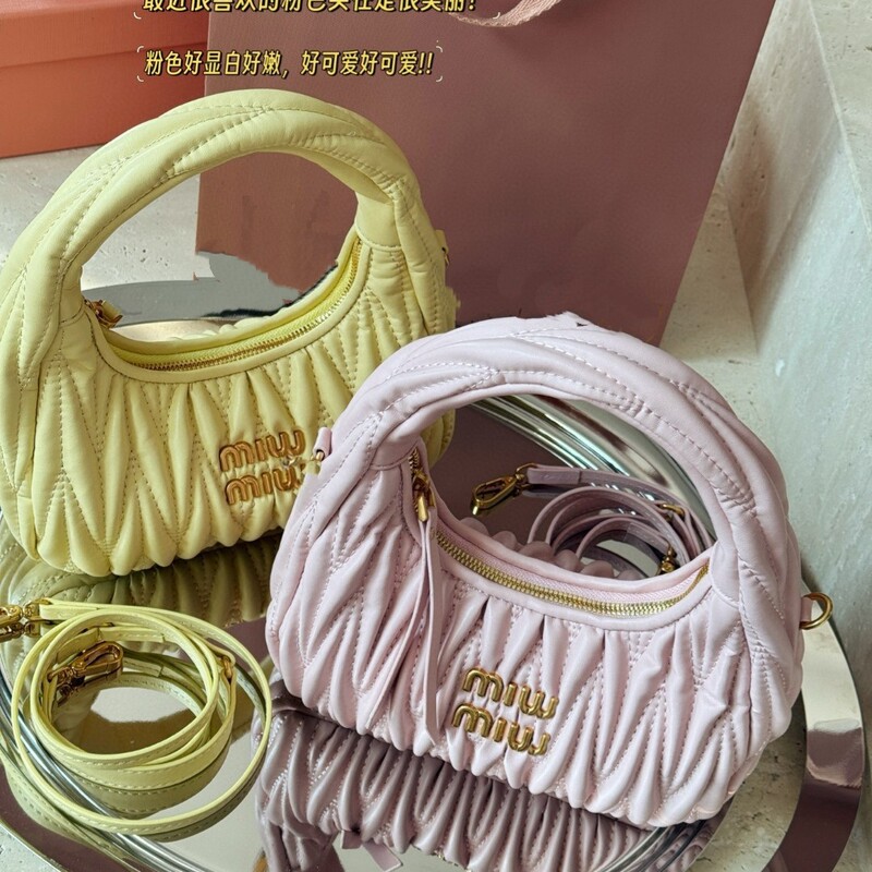 New Miu Miu Wander Pleated Bag Hobo Underarm Crescent Handbag Crossbody Bag for Women