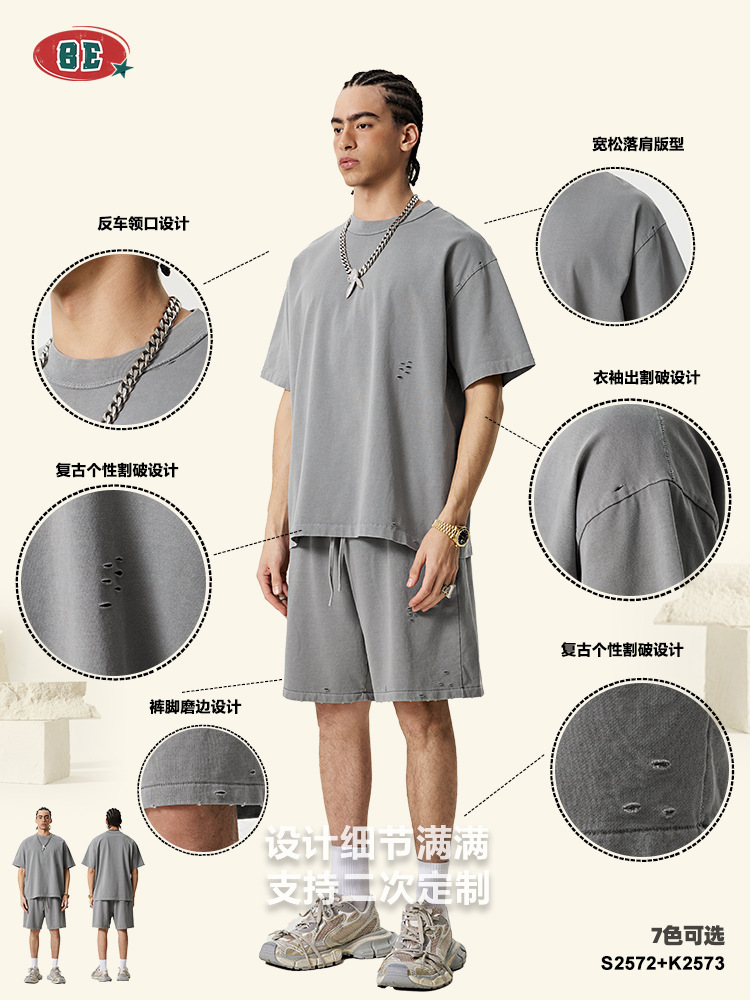 BE ropa de hombre 2025 marca de tendencia transfronteriza de verano gradiente hacer viejo peso pesado suelto agujero de manga corta camiseta set hombre personalizado image 6