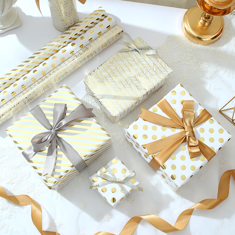 Amazon venta caliente de papel de gran tamaño de papel de papel de bronce estampado dorado ondulado punto inclinado banda de regalo papel de embalaje mayorista