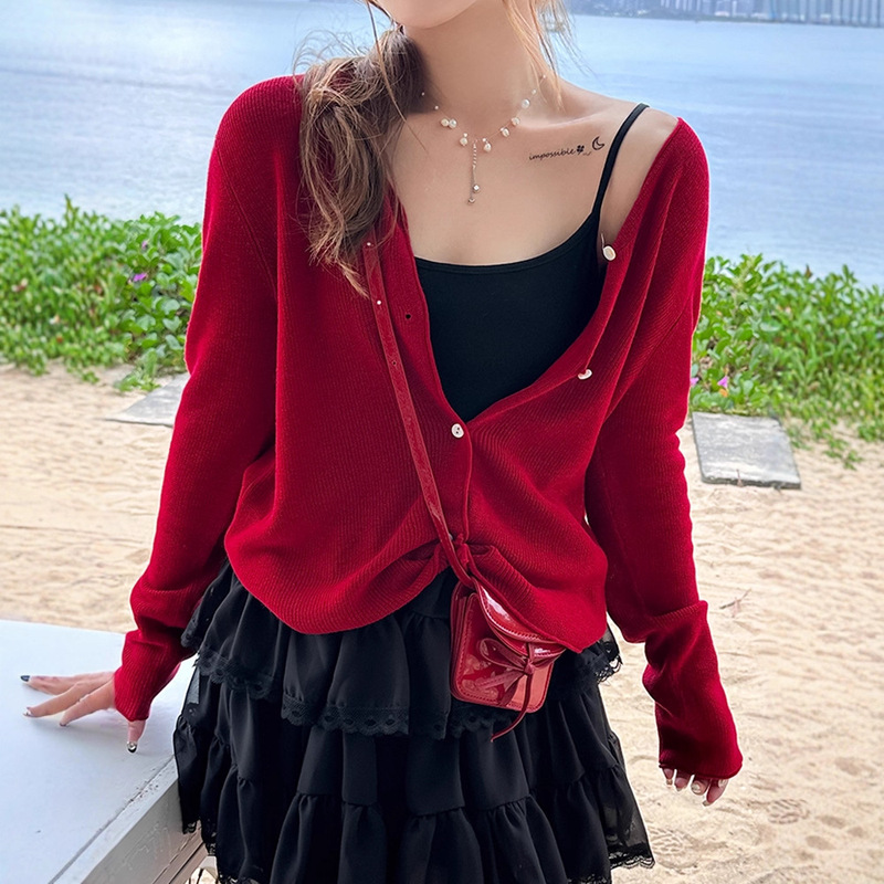 Red Cardigan Knitted Jacket for Women in Summer, Light and Thin French Shawl with Ice Silk Top, Sun Protection Air-Conditioning Shirt