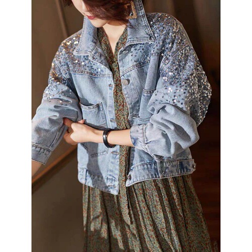 Fashion Shiny Denim Jacket for Women 2025 New Arrival European Version Short-Sleeve Spring Outfit for Petite Women to Slim Down