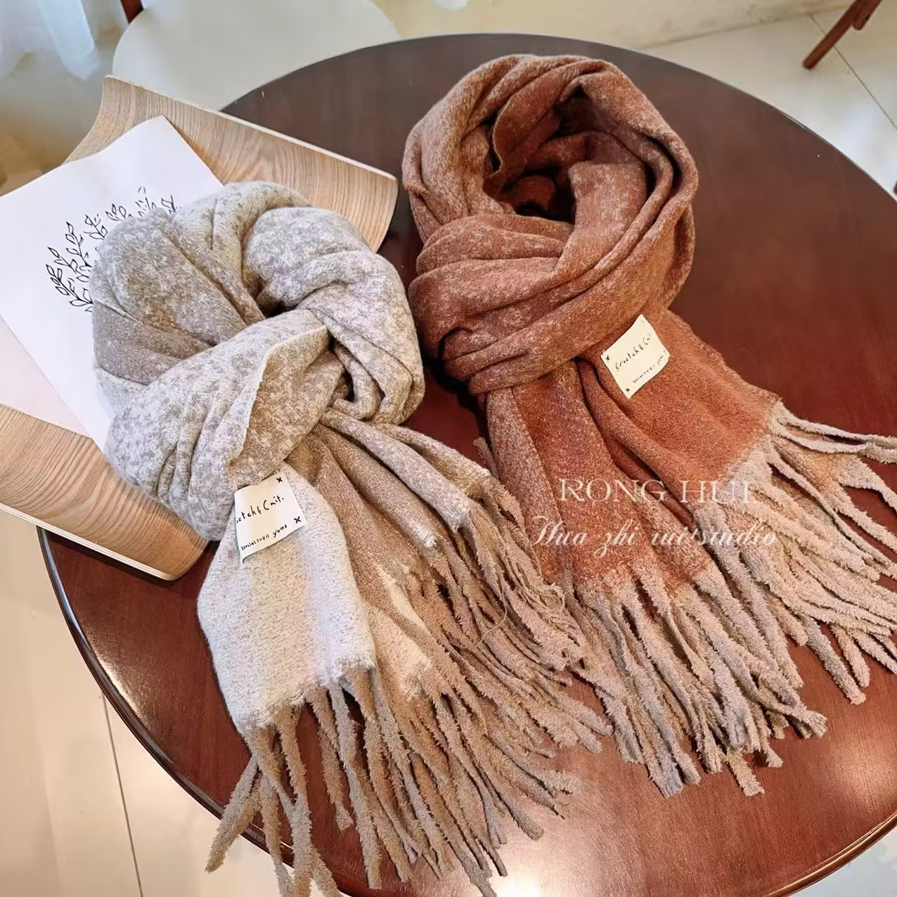 Winter solid color knitted velvet atmospheric scarf with tassels
