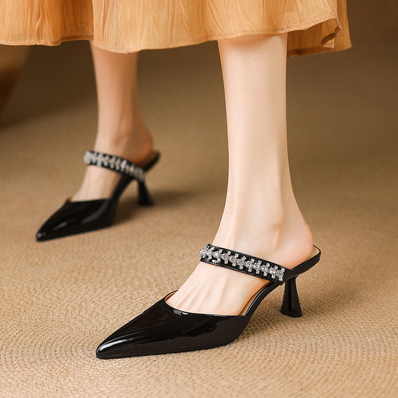Giày sandal cao gót nữ mũi nhọn đính đá kiểu Pháp, gót nhọn 9 cm — đen