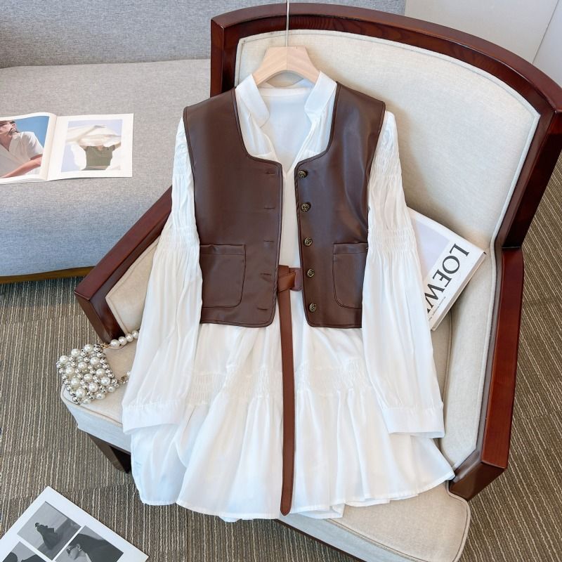 French Retro Shirt Dress for Women in Early Autumn Maillard Wears Niche A-Line Skirt with Pu Vest Two-Piece Set