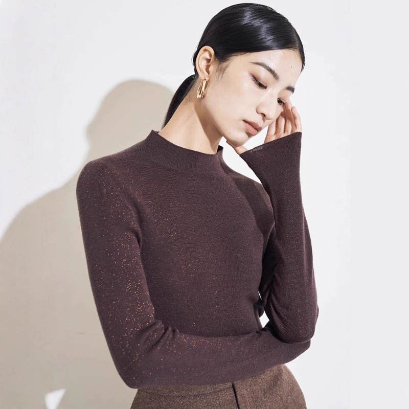 Autumn and Winter Seamless One-Piece Wool and Gold and Silver Half Turtleneck Slimming Look and High-Bottom Inner Layering Shirt Autumn and Winter Seamless One-Piece Wool and Gold and Silver Half Turtleneck Slimming Look and High-Bottom Inner Layering Shirt