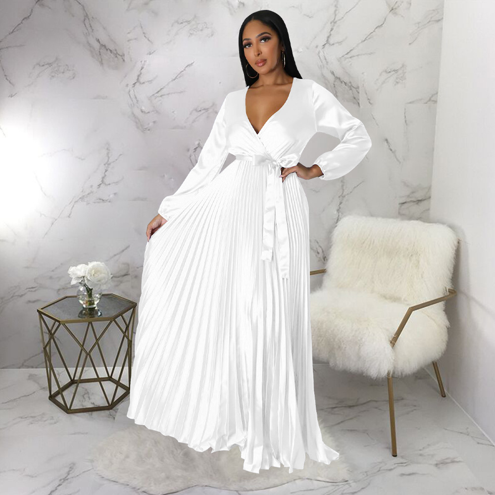 Autumn Season Wholesale Women's Elegant Solid Color Party V Neck Long Sleeve Swing Dress