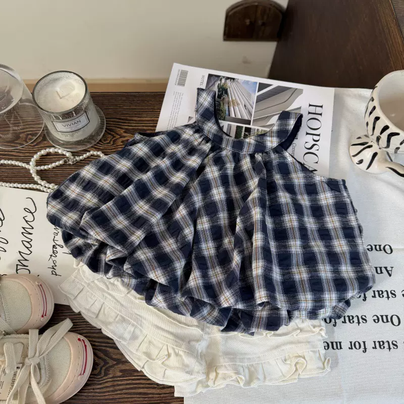 韩版童装2026新款夏季格子挂脖无袖花苞上衣水洗花边短裤两件套潮