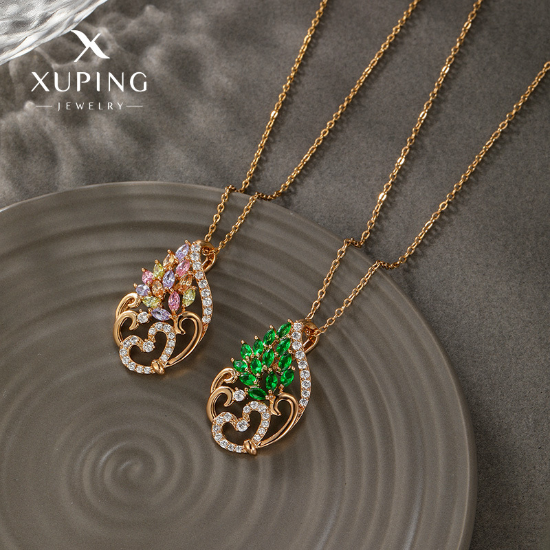 Xuping Fashion Cross-border estilo europeo y americano micro incrustaciones de circón de color collar hueco colgante pavo real tipo gota collar al por mayor