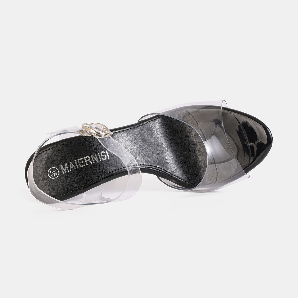 Dép sandal nữ cao gót quai ngang trong suốt đính pha lê, đế platform gót 9 cm — bạc, màu hồng, màu mơ, màu đỏ chi tiết 6