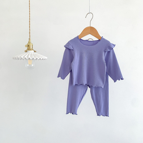 Korean style home clothes for infants and young children, sweet little flying sleeves tops and pants for baby girls, stretchy and comfortable cotton suit with fungus