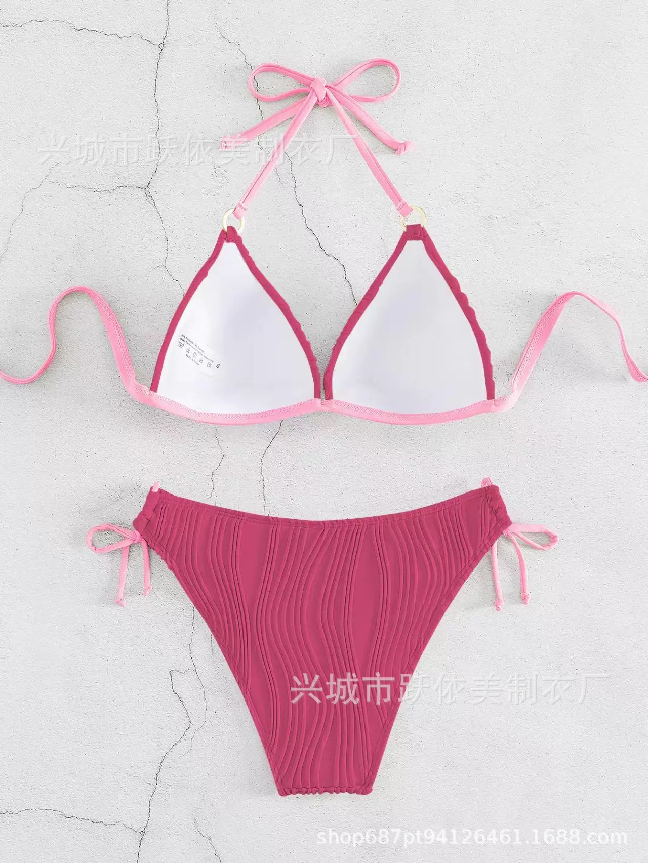 欧美新款游泳衣跨境性感分体带胸垫比基尼糖果色波浪法式三点详情18