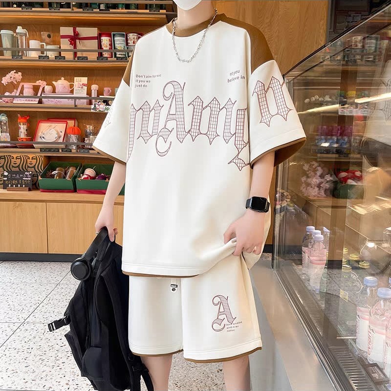 Sports suit Men's Summer Thin Ins Fashionable Collocation Handsome Hong Kong Style Casual Short-sleeved suit T-shirt Summer Dress Set