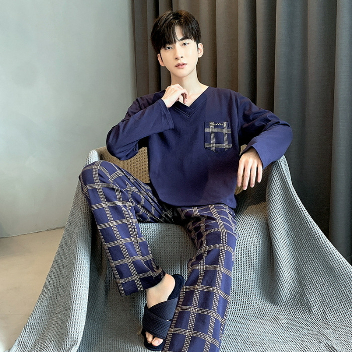 2023 Otoño e Invierno pijamas hombres con cuello en V manga larga traje suelto casual juventud hogar desgaste simple Traje a cuadros